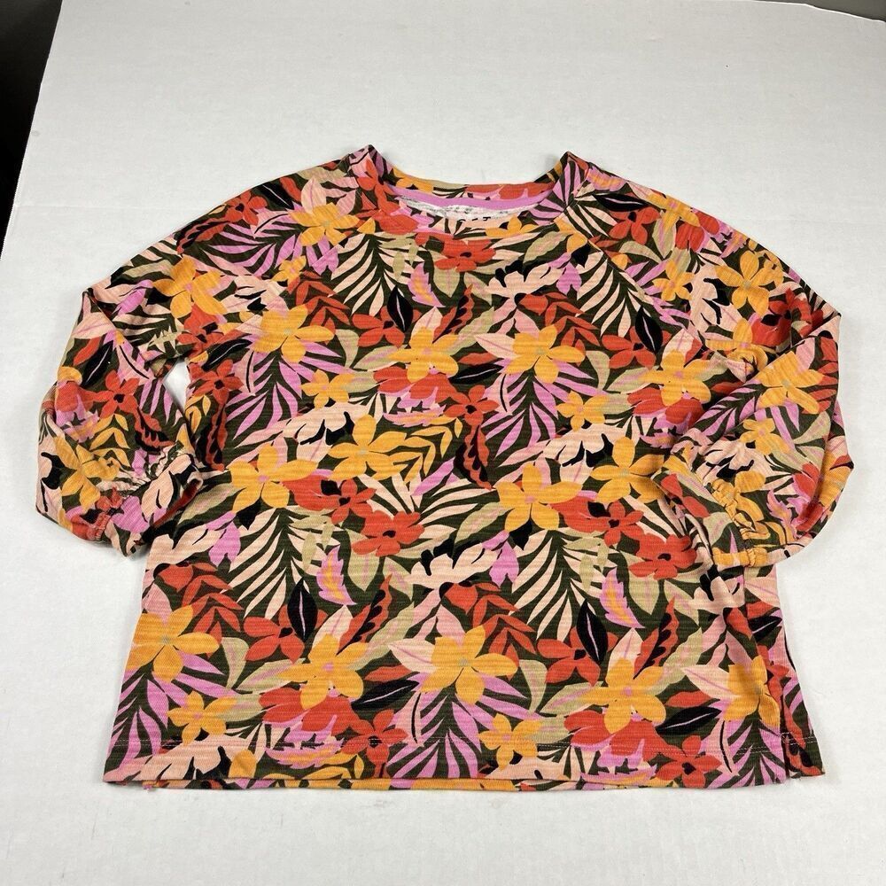 Loft Cotton Top Small 3/4 Sleeve Tropical Floral Print Casual Spring Boxy Blouse